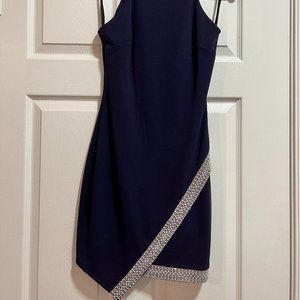 Navy Blue Halter Neck Cocktail Dress with Rhinestone/Pearl Detailing